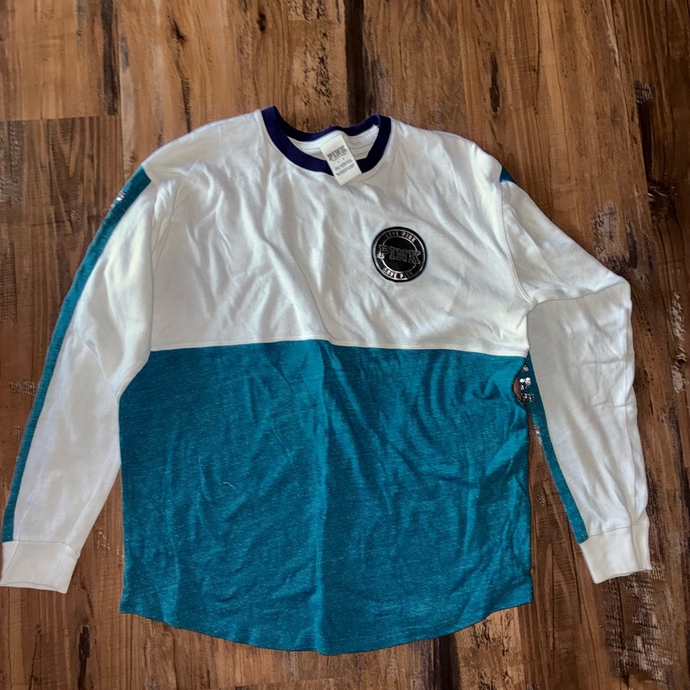 PINK Victoria's Secret White and Teal Long Sleeve Tee